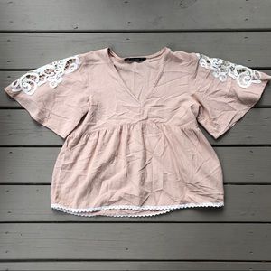 ZARA Basic light pink lace cinched waste blouse